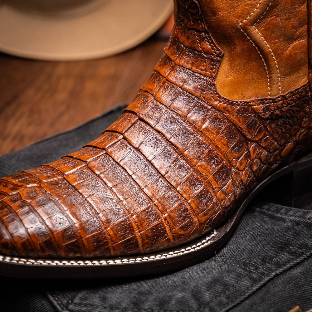 Marco Di Milano Tucson Men's Exotic Cowboy Boots – Genuine Caiman Belly | Aged Maple Square Toe