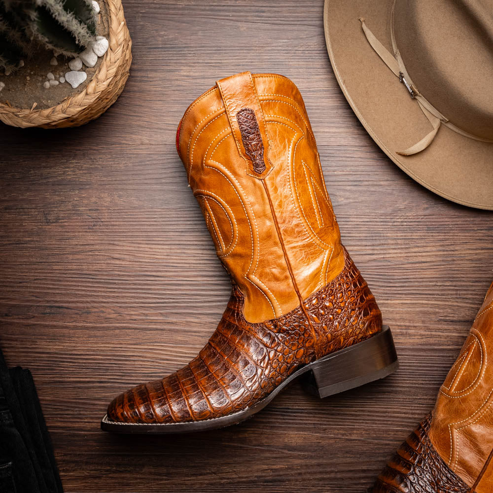 Marco Di Milano Tucson Men's Exotic Cowboy Boots – Genuine Caiman Belly | Aged Maple Square Toe