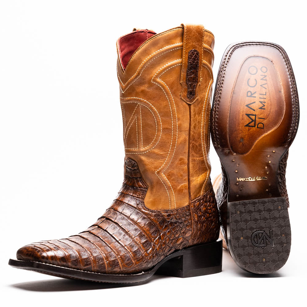 Marco Di Milano Tucson Men's Exotic Cowboy Boots – Genuine Caiman Belly | Aged Maple Square Toe