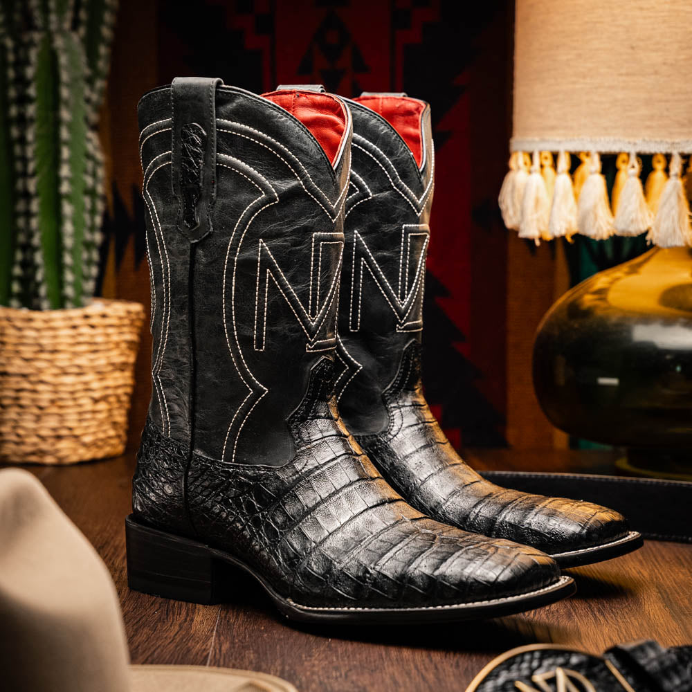 Marco Di Milano Tucson Men's Exotic Cowboy Boots – Genuine Caiman Belly | Black Square Toe