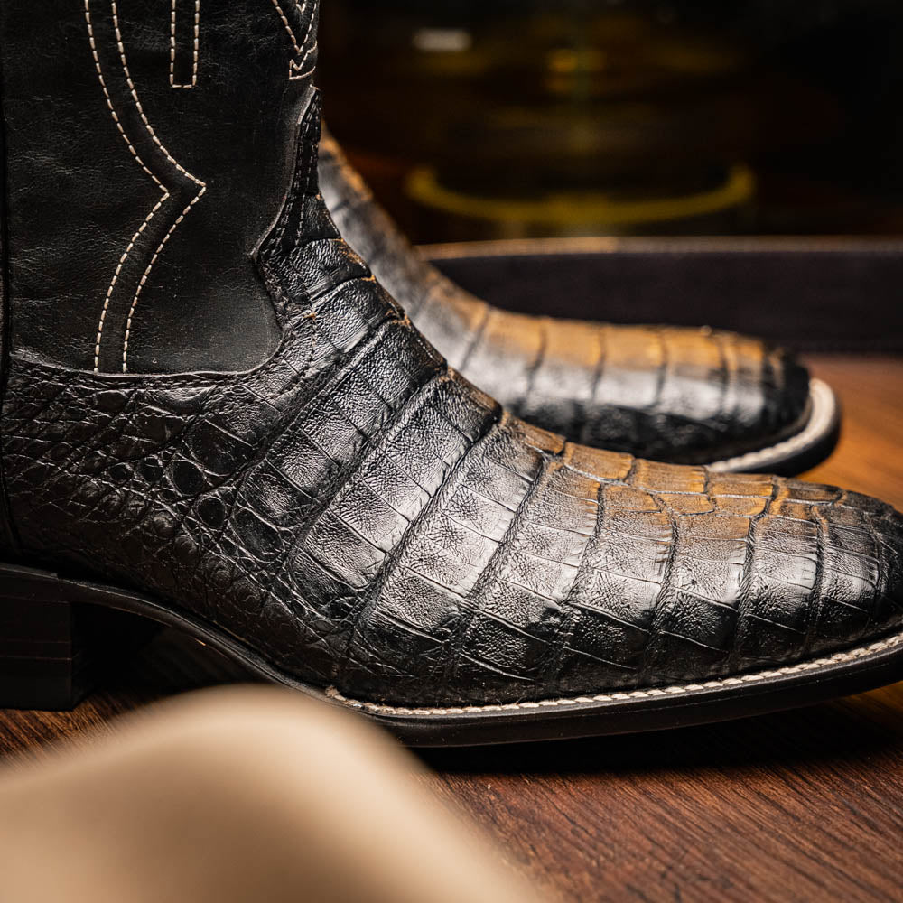 Marco Di Milano Tucson Men's Exotic Cowboy Boots – Genuine Caiman Belly | Black Square Toe