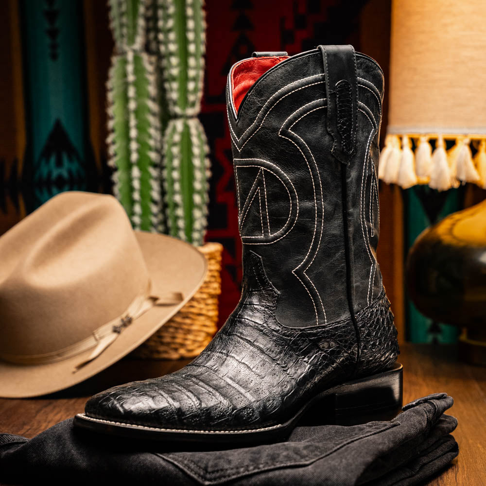 Marco Di Milano Tucson Men's Exotic Cowboy Boots – Genuine Caiman Belly | Black Square Toe