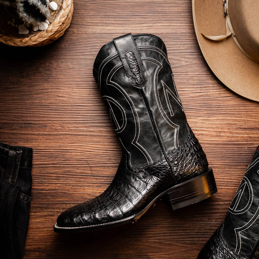 Marco Di Milano Tucson Men's Exotic Cowboy Boots – Genuine Caiman Belly | Black Square Toe