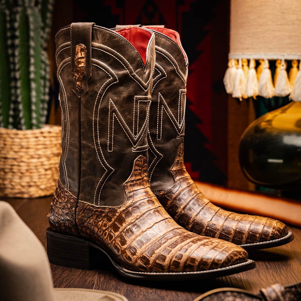 Marco Di Milano Tucson Men's Exotic Cowboy Boots – Genuine Caiman Belly | Stone Orix Square Toe