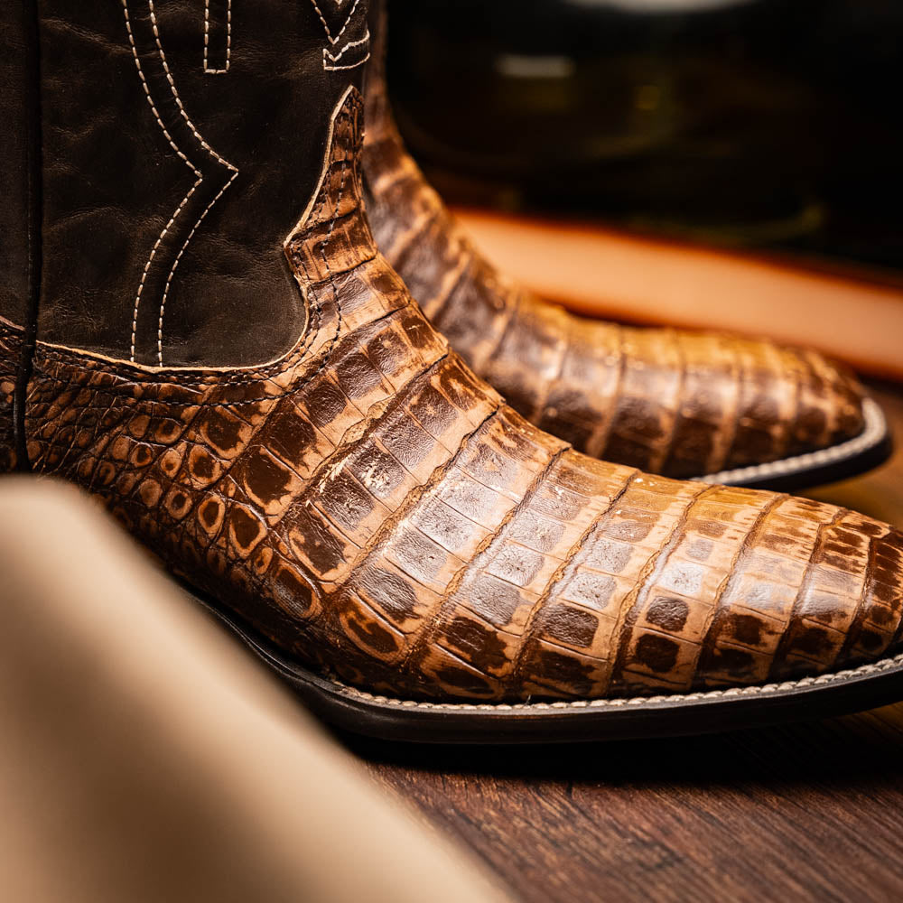 Marco Di Milano Tucson Men's Exotic Cowboy Boots – Genuine Caiman Belly | Stone Orix Square Toe