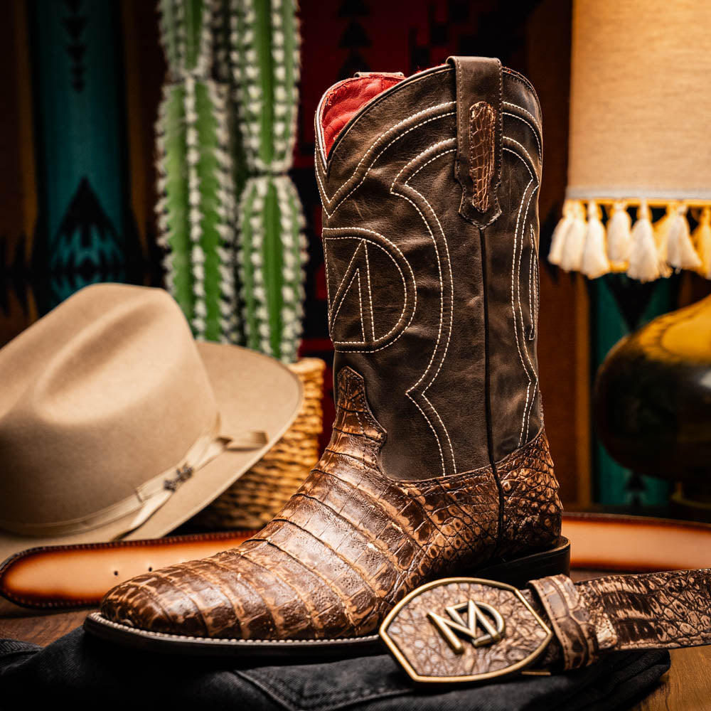 Marco Di Milano Tucson Men's Exotic Cowboy Boots – Genuine Caiman Belly | Stone Orix Square Toe