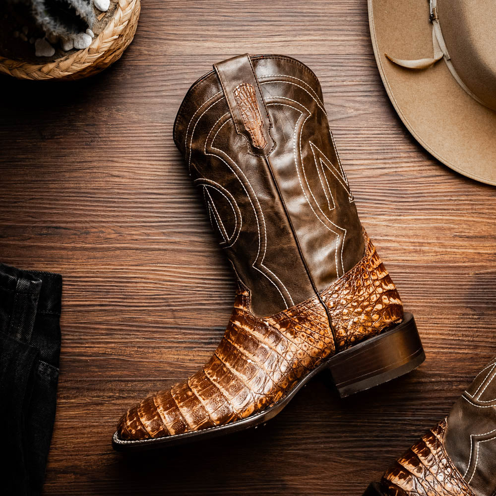 Marco Di Milano Tucson Men's Exotic Cowboy Boots – Genuine Caiman Belly | Stone Orix Square Toe
