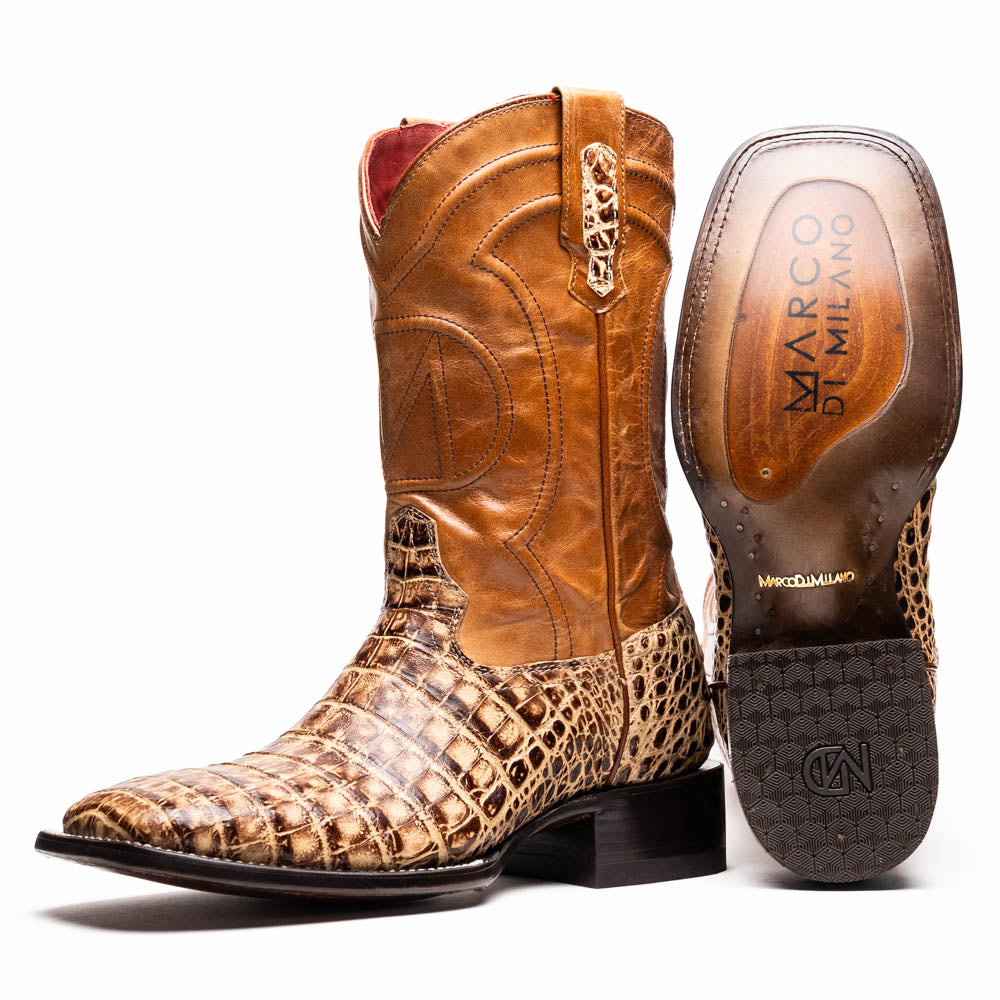 Marco Di Milano Tucson Men's Exotic Cowboy Boots – Genuine Caiman Belly | Stone Orix Square Toe