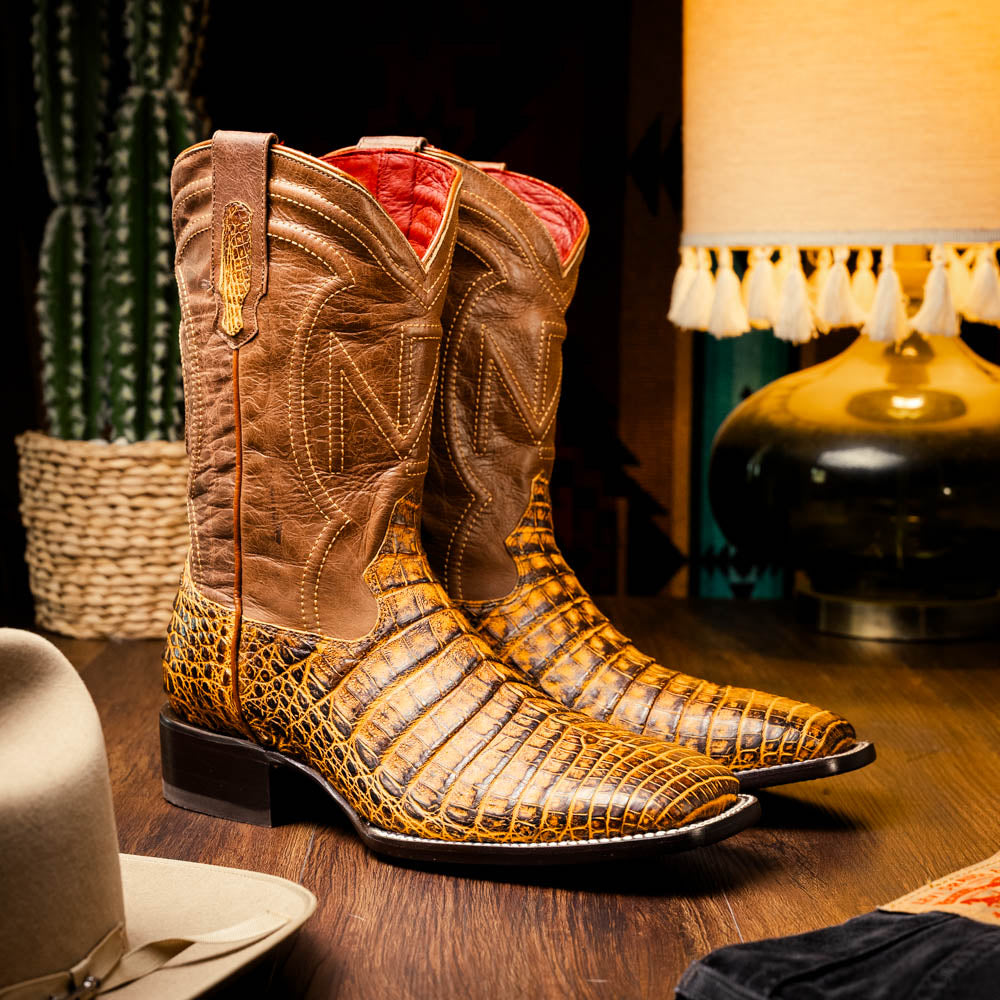 Marco Di Milano Tucson Men's Exotic Cowboy Boots – Genuine Caiman Belly | Mustard Brown Square Toe