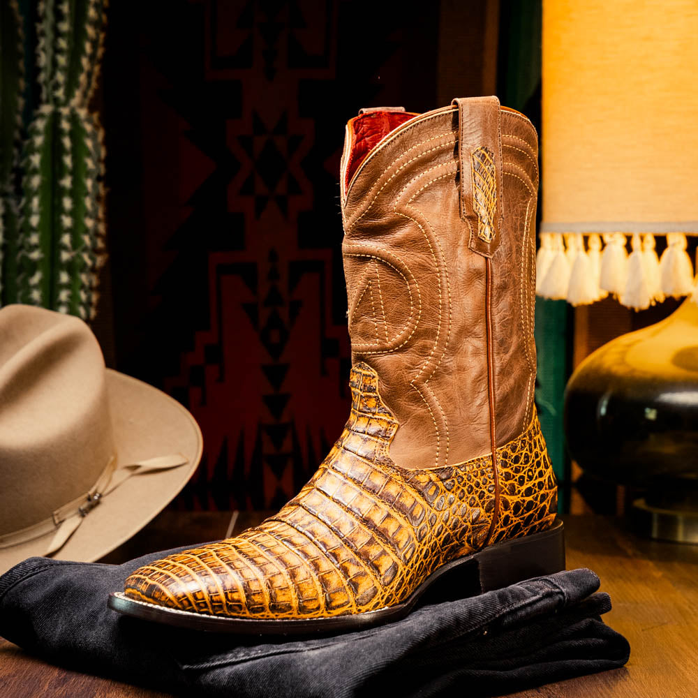 Marco Di Milano Tucson Men's Exotic Cowboy Boots – Genuine Caiman Belly | Mustard Brown Square Toe