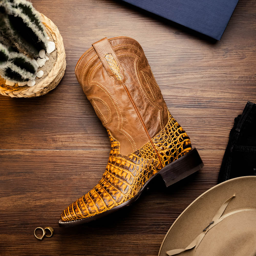 Marco Di Milano Tucson Men's Exotic Cowboy Boots – Genuine Caiman Belly | Mustard Brown Square Toe