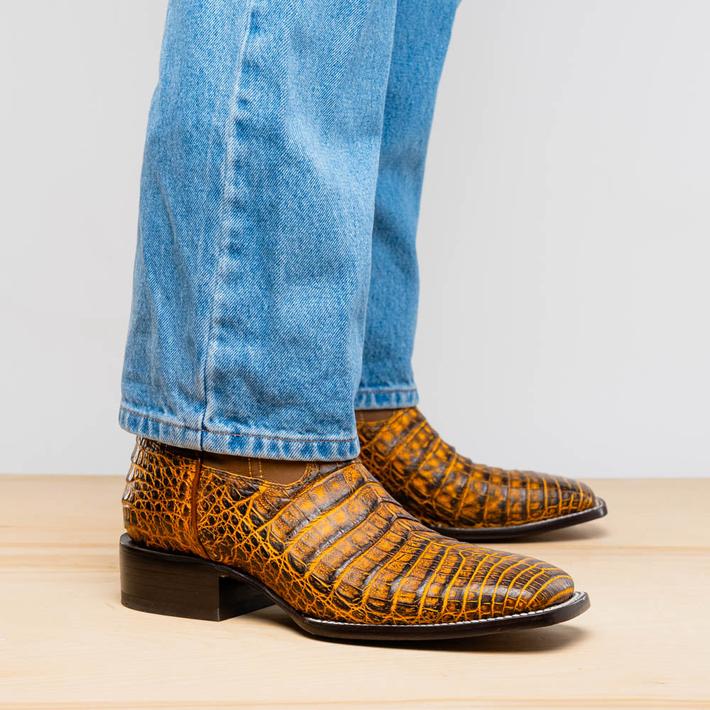 Marco Di Milano Tucson Men's Exotic Cowboy Boots – Genuine Caiman Belly | Mustard Brown Square Toe