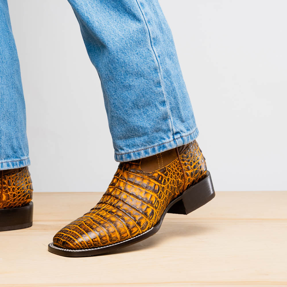 Marco Di Milano Tucson Men's Exotic Cowboy Boots – Genuine Caiman Belly | Mustard Brown Square Toe