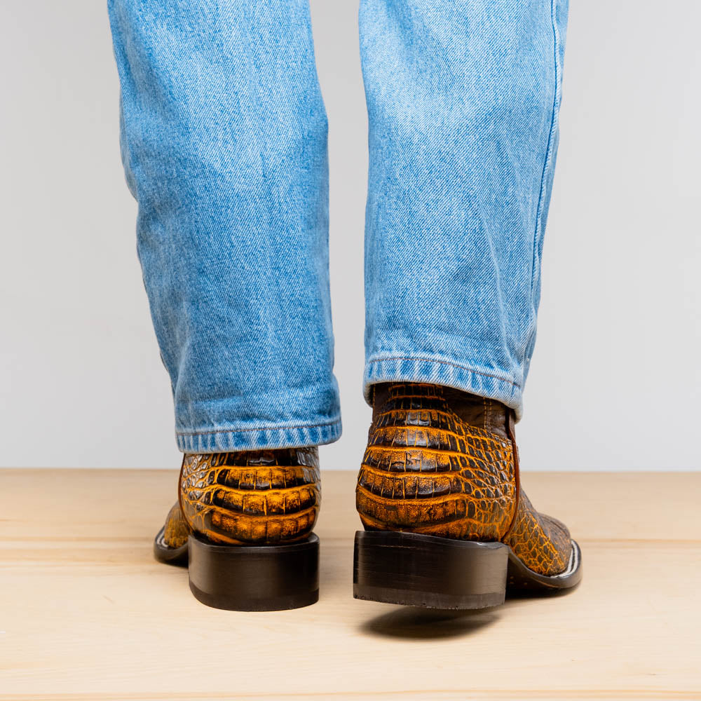 Marco Di Milano Tucson Men's Exotic Cowboy Boots – Genuine Caiman Belly | Mustard Brown Square Toe