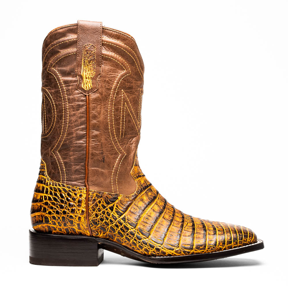 Marco Di Milano Tucson Men's Exotic Cowboy Boots – Genuine Caiman Belly | Mustard Brown Square Toe