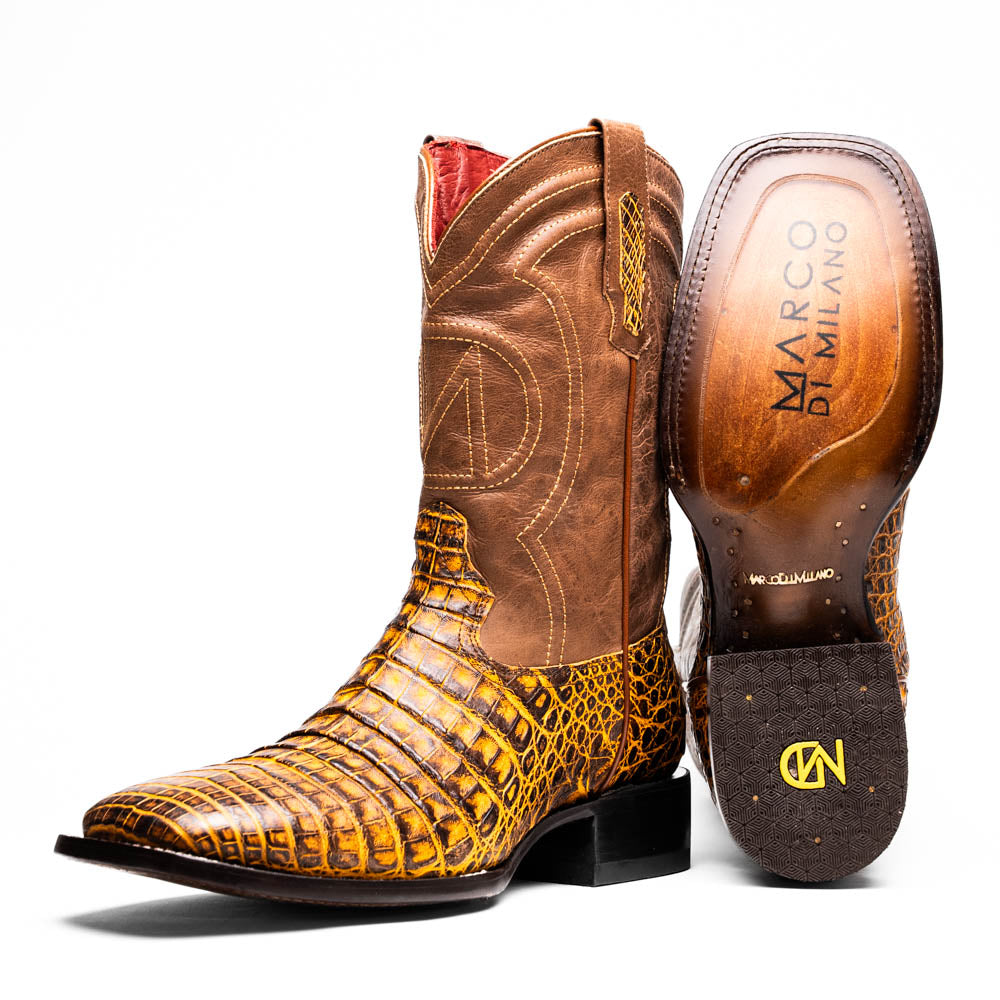 Marco Di Milano Tucson Men's Exotic Cowboy Boots – Genuine Caiman Belly | Mustard Brown Square Toe